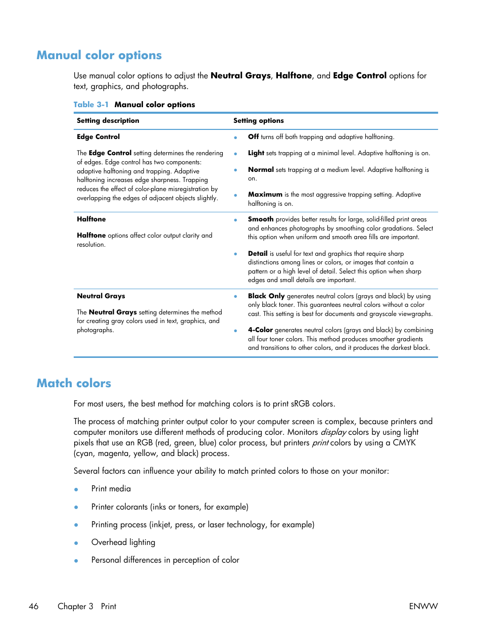 Manual color options, Match colors, Manual color options match colors | HP LaserJet Pro 200 color MFP M276nw User Manual | Page 62 / 238