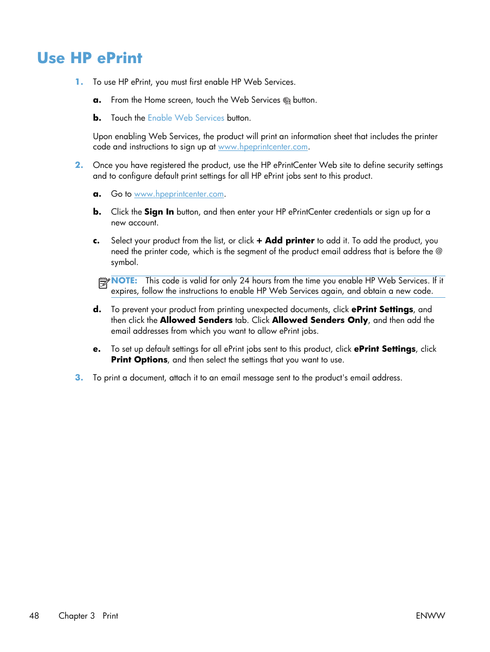 Use hp eprint | HP LaserJet Pro 200 color MFP M276nw User Manual | Page 64 / 238