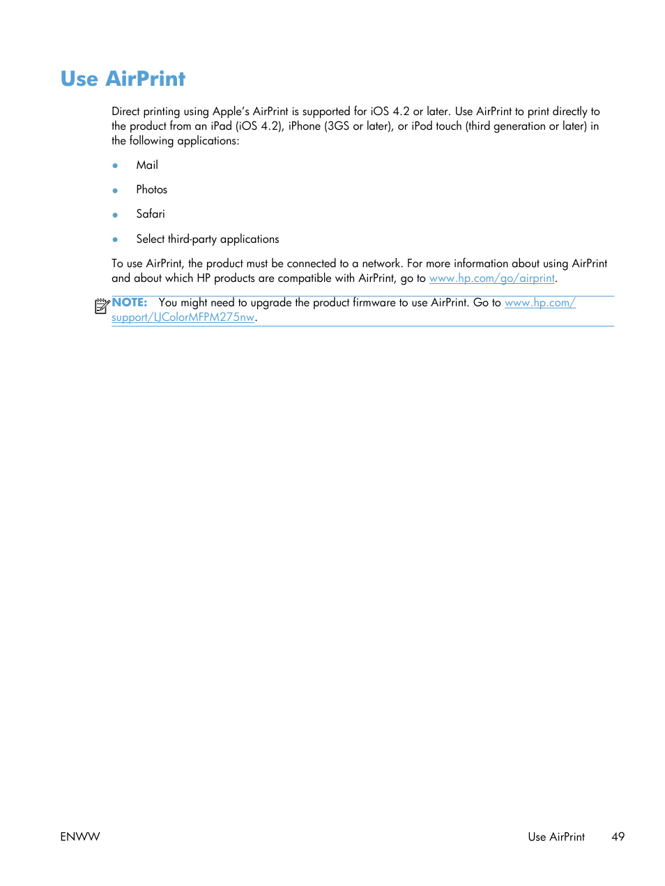 Use airprint | HP LaserJet Pro 200 color MFP M276nw User Manual | Page 65 / 238