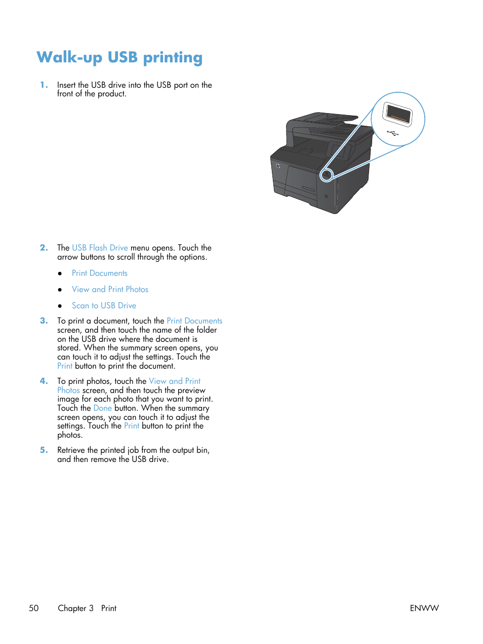 Walk-up usb printing | HP LaserJet Pro 200 color MFP M276nw User Manual | Page 66 / 238