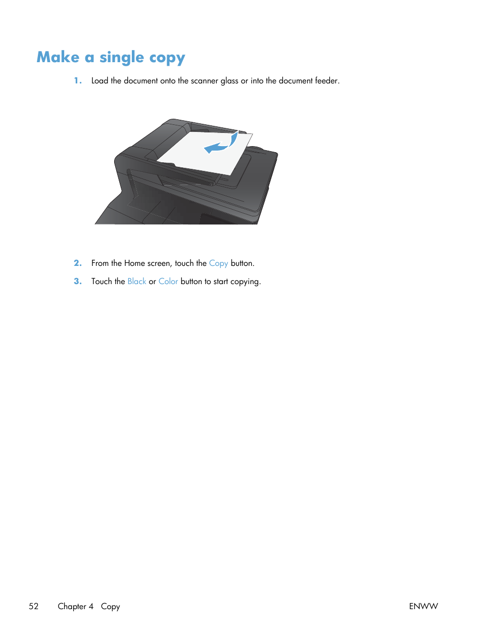 Make a single copy | HP LaserJet Pro 200 color MFP M276nw User Manual | Page 68 / 238