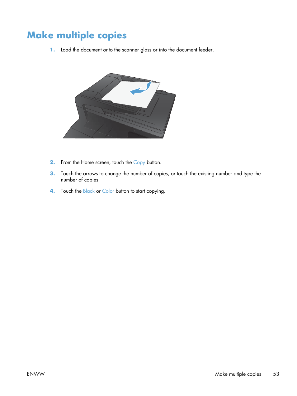 Make multiple copies | HP LaserJet Pro 200 color MFP M276nw User Manual | Page 69 / 238