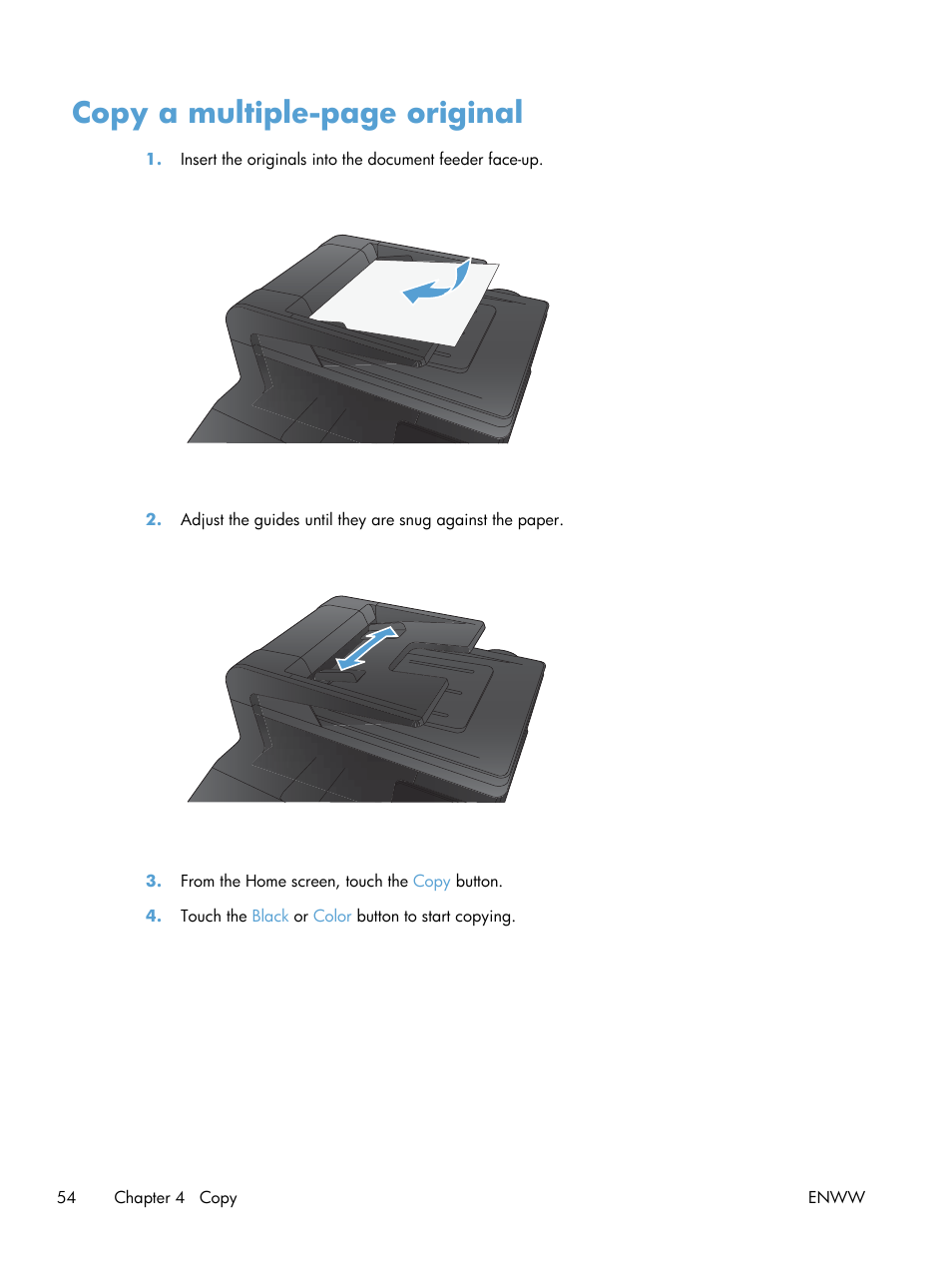 Copy a multiple-page original | HP LaserJet Pro 200 color MFP M276nw User Manual | Page 70 / 238