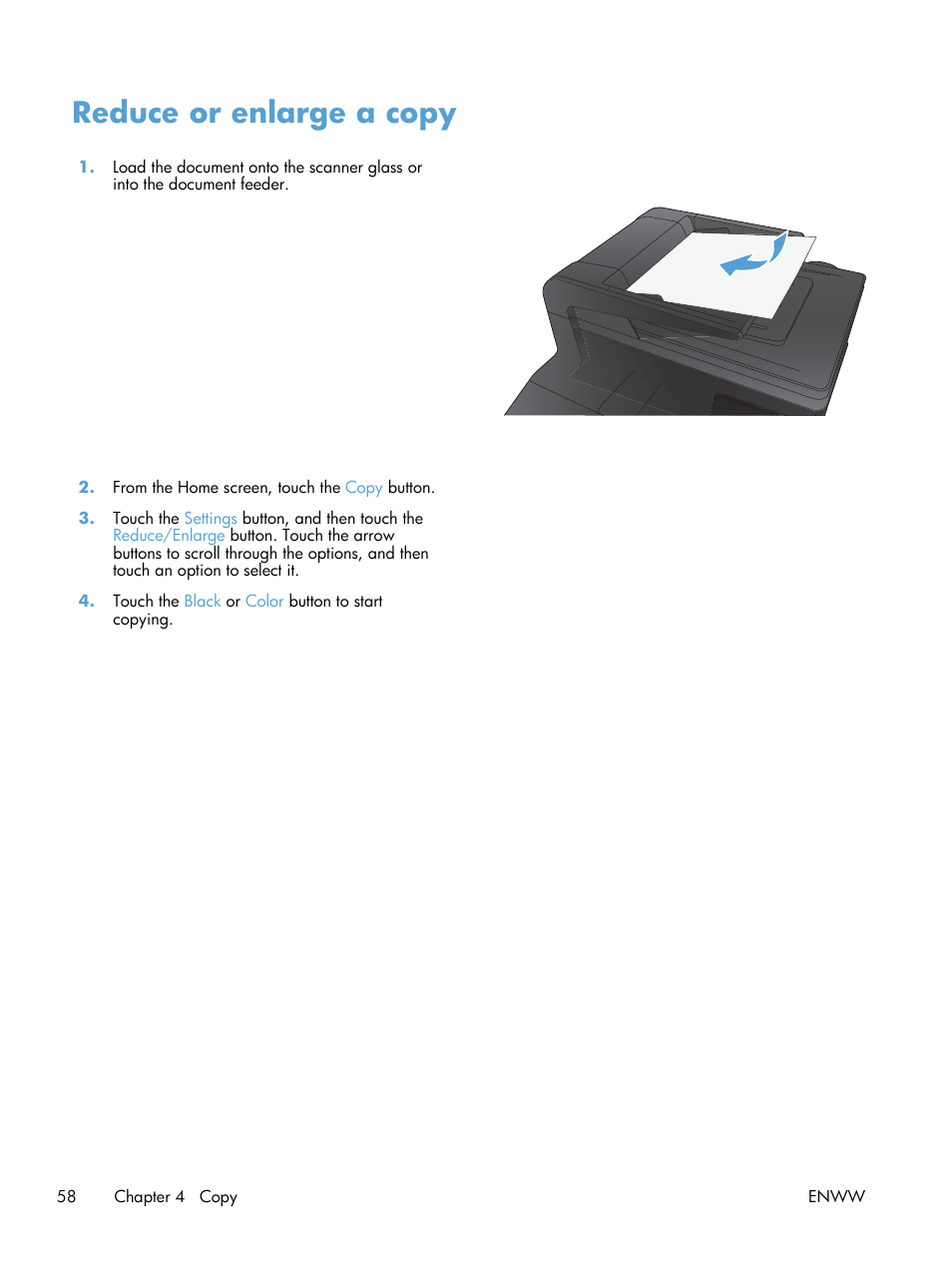 Reduce or enlarge a copy | HP LaserJet Pro 200 color MFP M276nw User Manual | Page 74 / 238