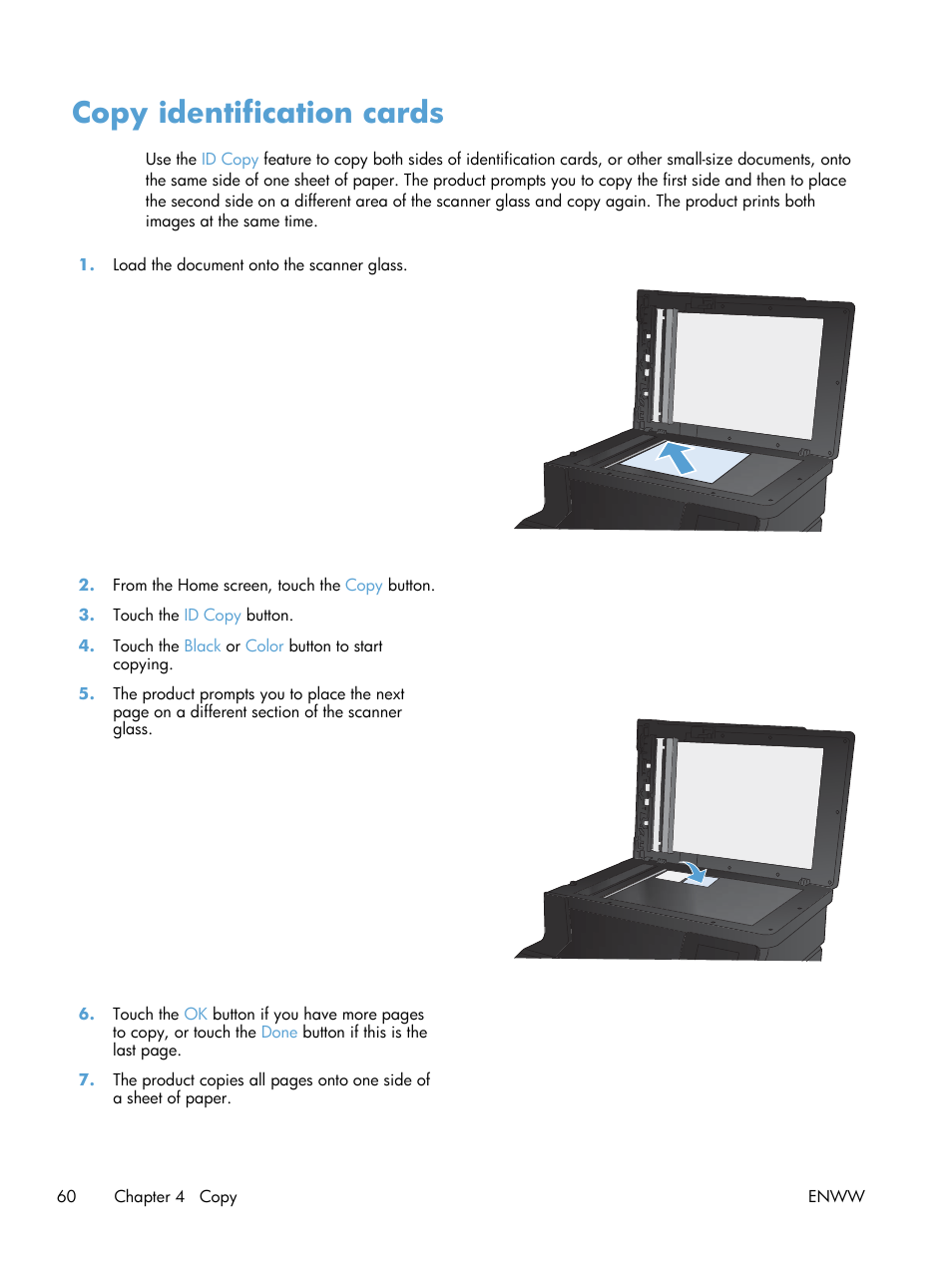 Copy identification cards | HP LaserJet Pro 200 color MFP M276nw User Manual | Page 76 / 238