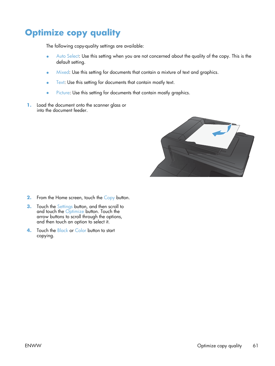 Optimize copy quality | HP LaserJet Pro 200 color MFP M276nw User Manual | Page 77 / 238