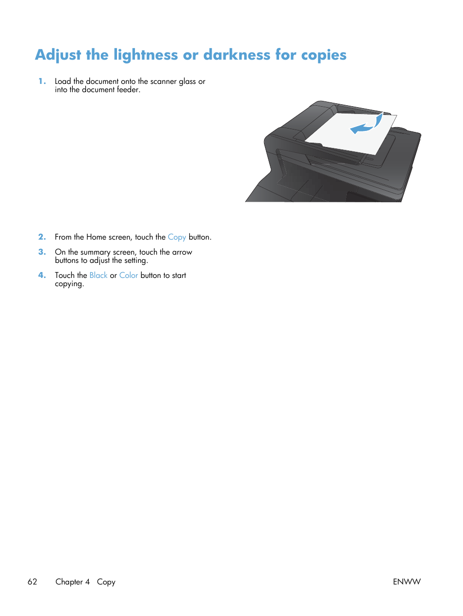 Adjust the lightness or darkness for copies | HP LaserJet Pro 200 color MFP M276nw User Manual | Page 78 / 238