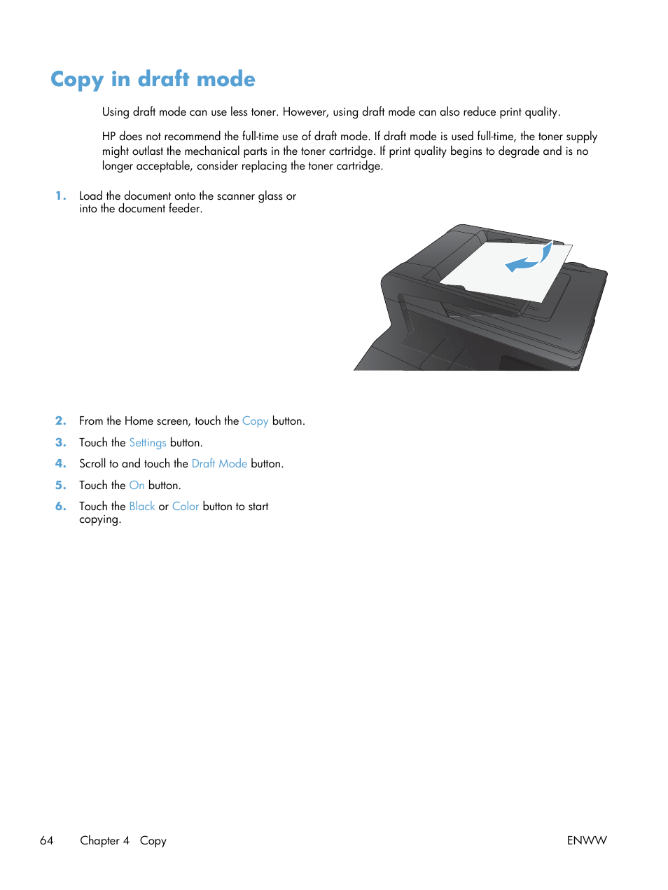 Copy in draft mode | HP LaserJet Pro 200 color MFP M276nw User Manual | Page 80 / 238