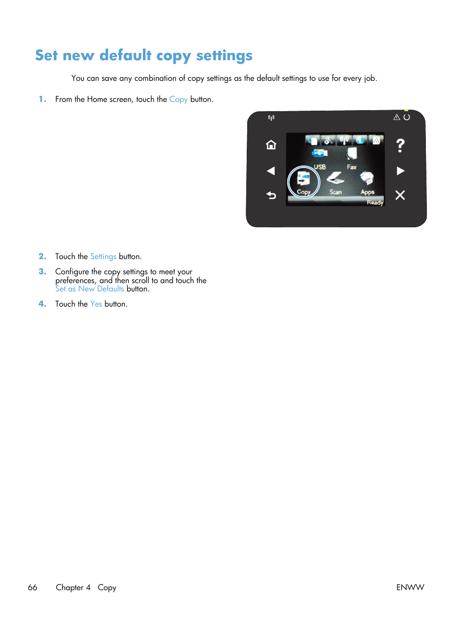 Set new default copy settings | HP LaserJet Pro 200 color MFP M276nw User Manual | Page 82 / 238