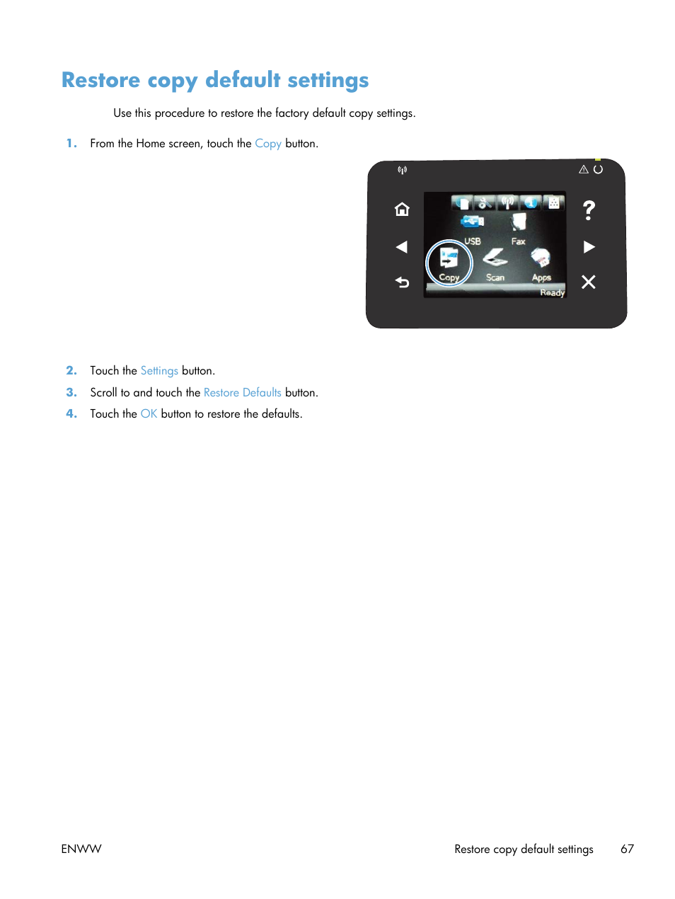 Restore copy default settings | HP LaserJet Pro 200 color MFP M276nw User Manual | Page 83 / 238