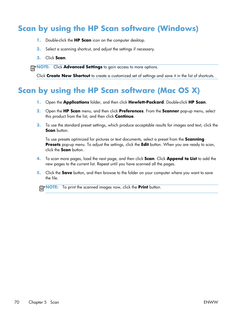 Scan by using the hp scan software (windows), Scan by using the hp scan software (mac os x) | HP LaserJet Pro 200 color MFP M276nw User Manual | Page 86 / 238