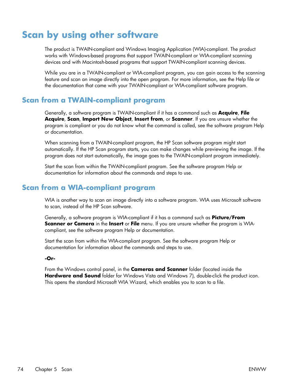 Scan by using other software, Scan from a twain-compliant program, Scan from a wia-compliant program | HP LaserJet Pro 200 color MFP M276nw User Manual | Page 90 / 238