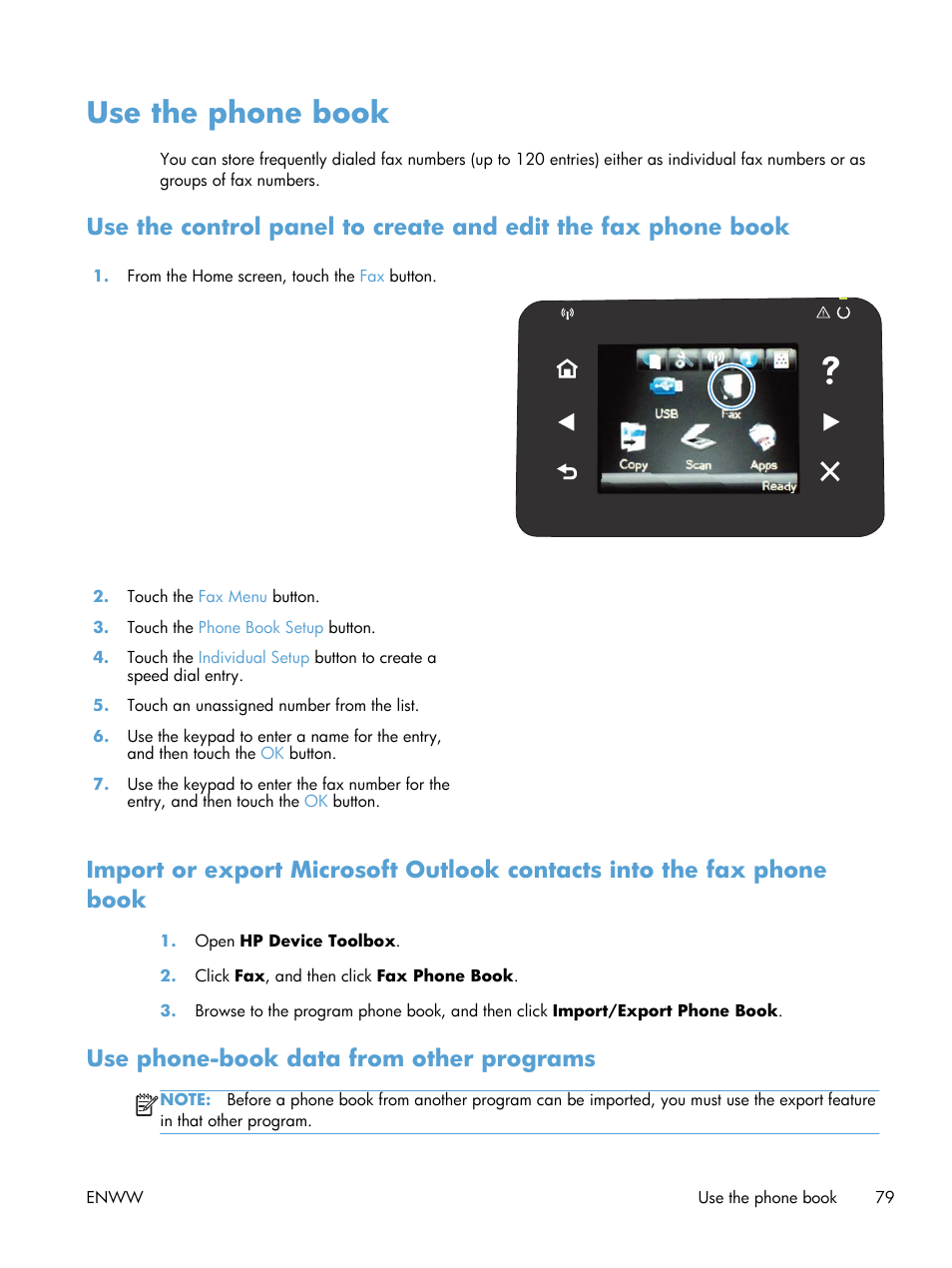 Use the phone book, Use phone-book data from other programs | HP LaserJet Pro 200 color MFP M276nw User Manual | Page 95 / 238