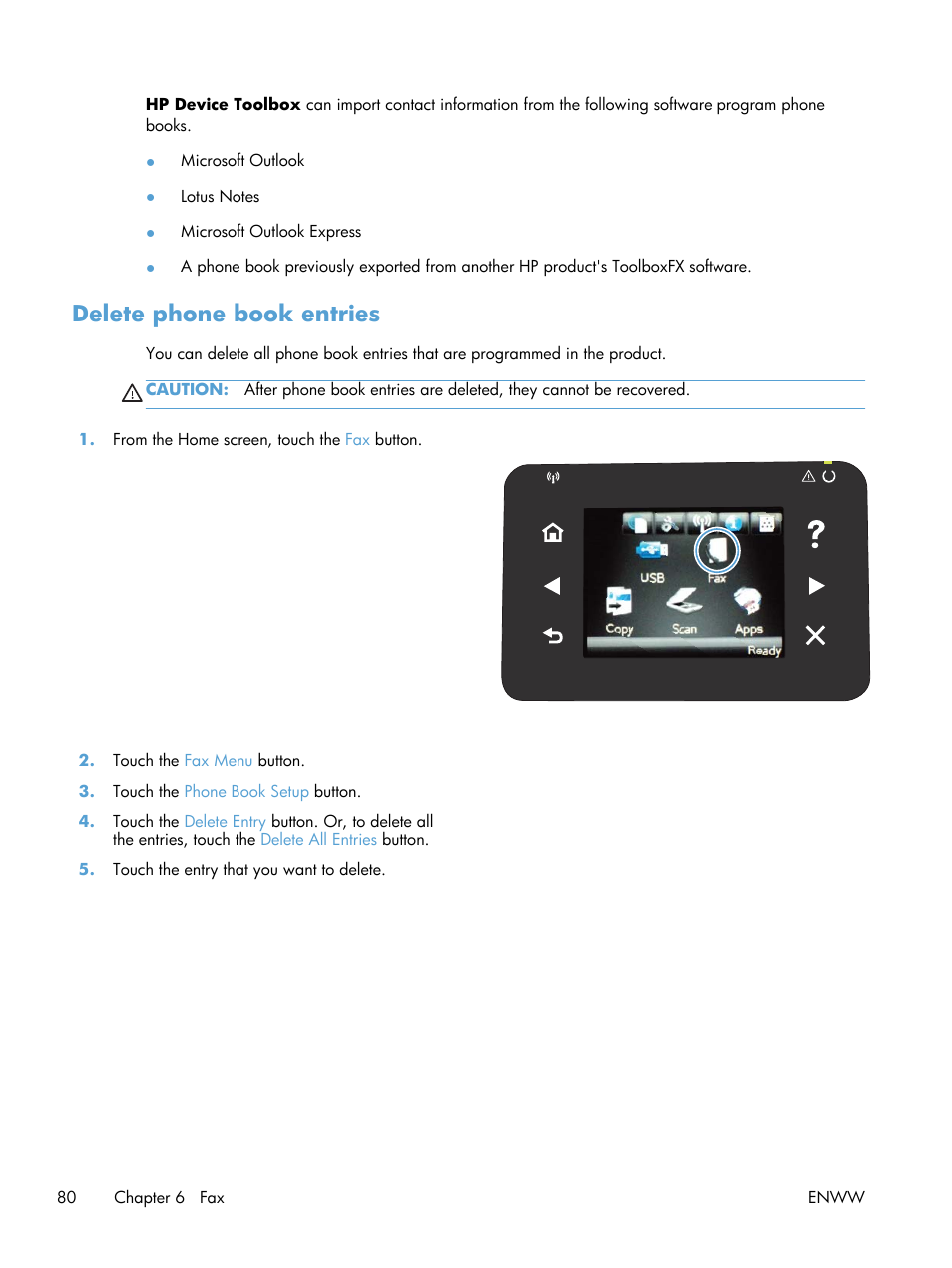 Delete phone book entries | HP LaserJet Pro 200 color MFP M276nw User Manual | Page 96 / 238