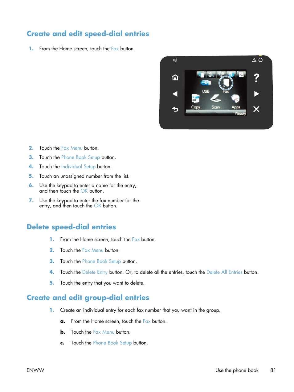 Create and edit speed-dial entries, Delete speed-dial entries, Create and edit group-dial entries | HP LaserJet Pro 200 color MFP M276nw User Manual | Page 97 / 238