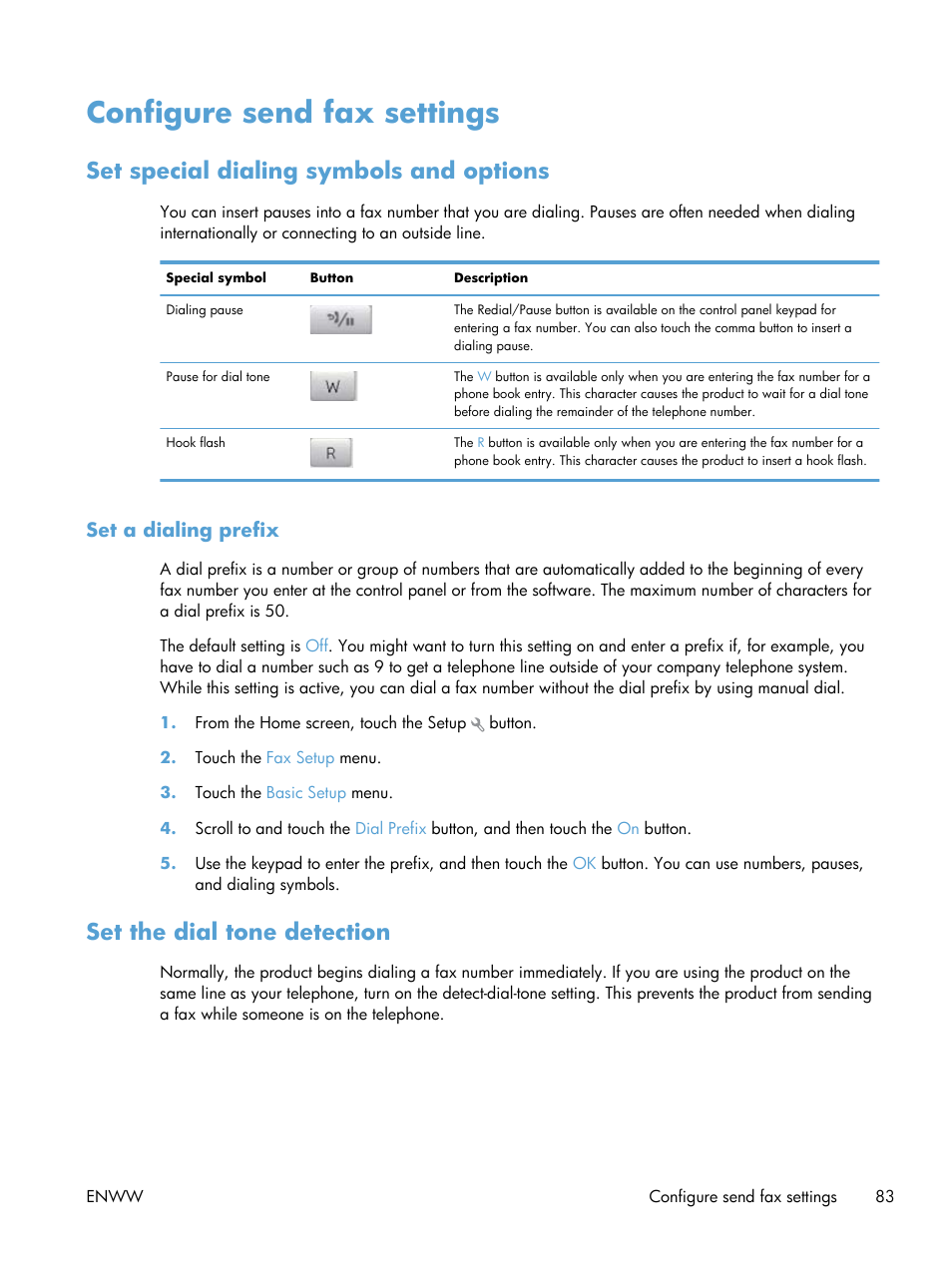 Configure send fax settings, Set special dialing symbols and options, Set a dialing prefix | Set the dial tone detection | HP LaserJet Pro 200 color MFP M276nw User Manual | Page 99 / 238