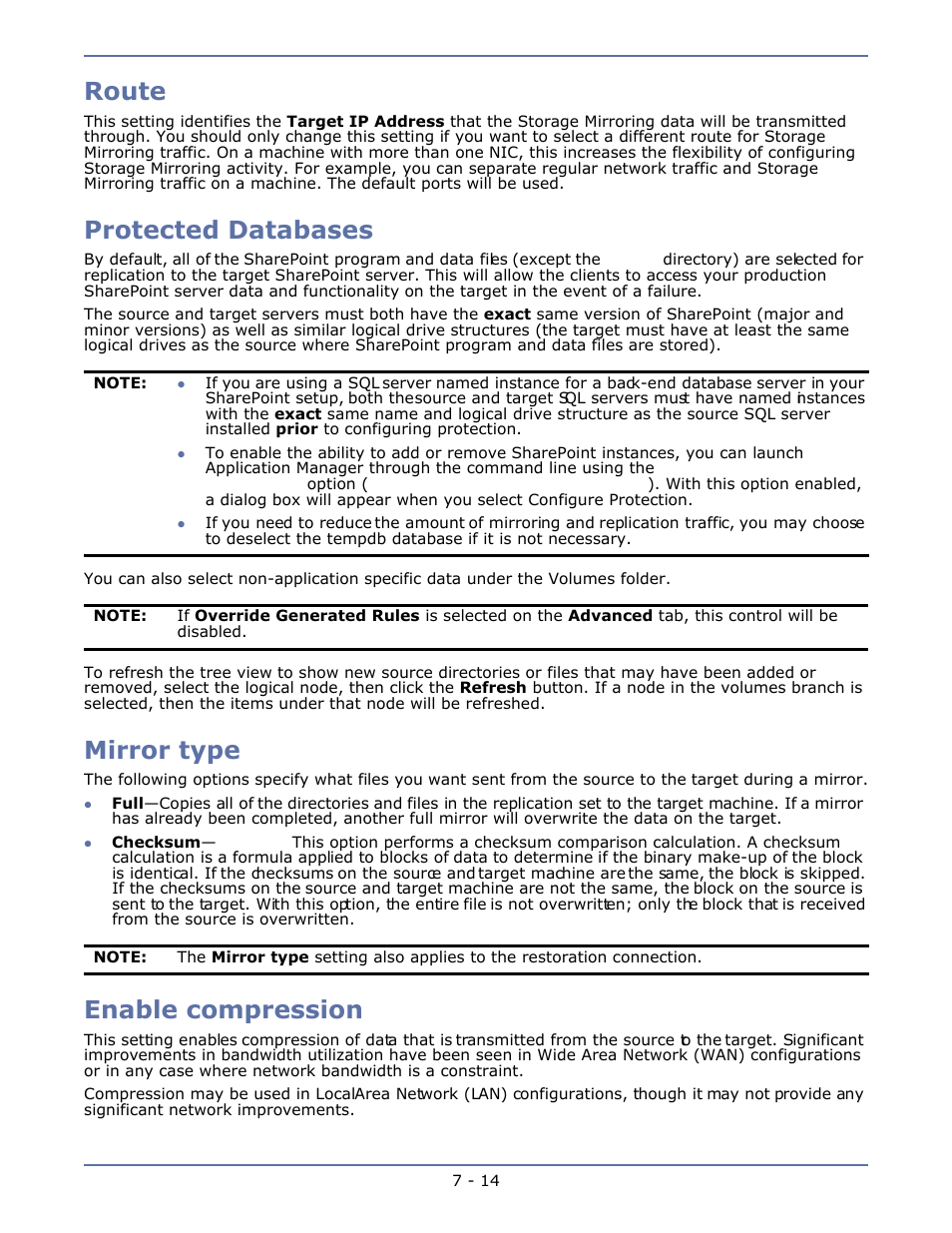 Route, Protected databases, Mirror type | Enable compression, Route -14, Protected databases -14, Mirror type -14, Enable compression -14 | HP Storage Mirroring V4.5 Software User Manual | Page 100 / 163