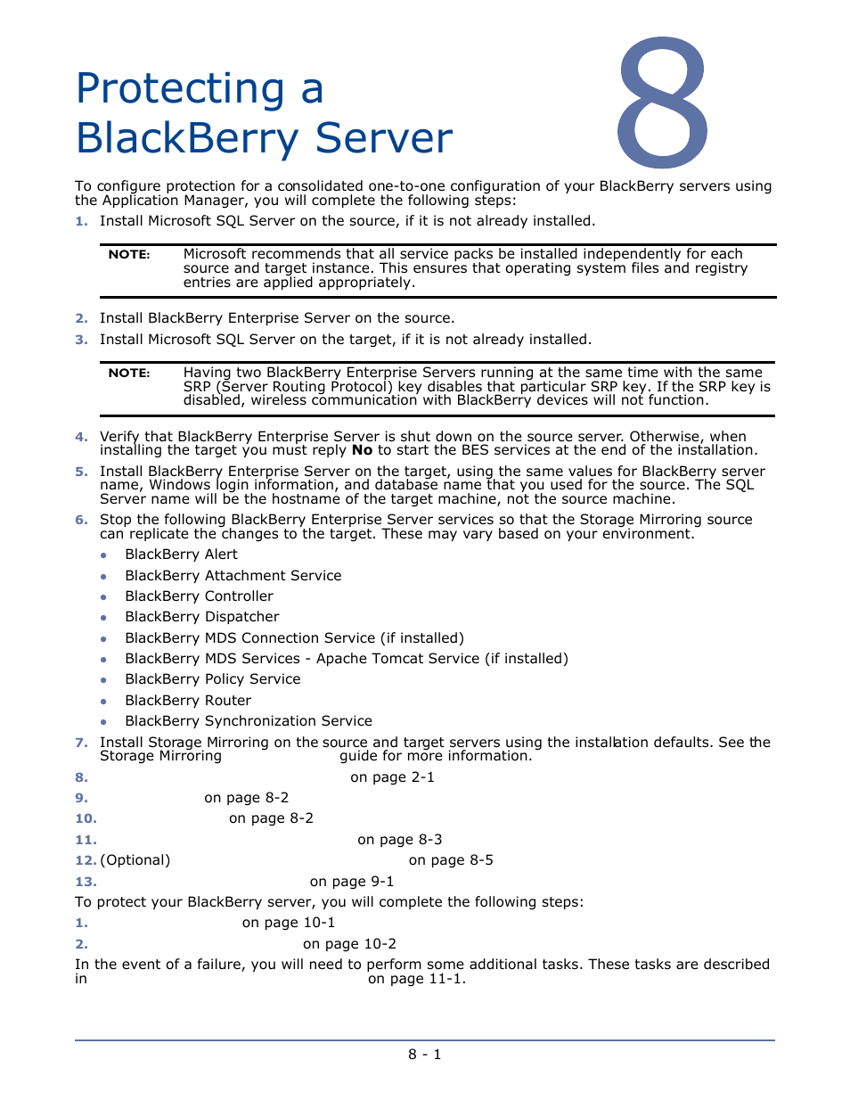 Protecting a blackberry server, Chapter 8 protecting a blackberry server -1 | HP Storage Mirroring V4.5 Software User Manual | Page 107 / 163
