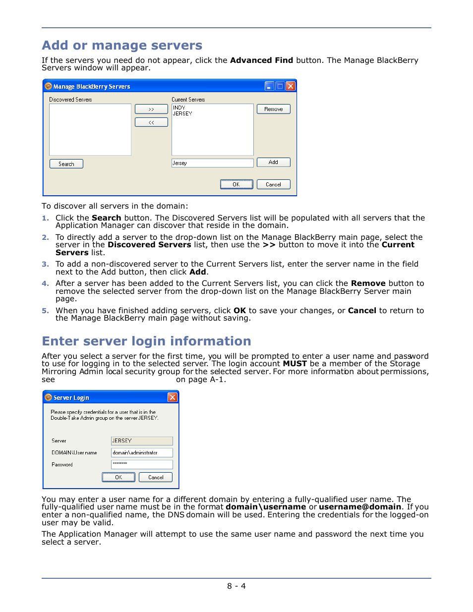 Add or manage servers, Enter server login information, Add or manage servers -4 | Enter server login information -4 | HP Storage Mirroring V4.5 Software User Manual | Page 110 / 163