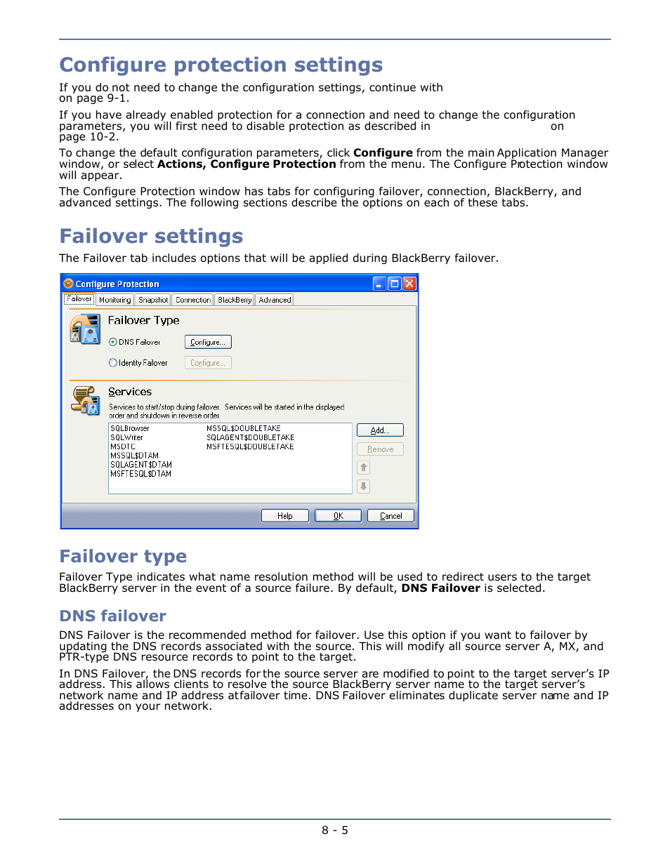 Configure protection settings, Failover settings, Failover type | Dns failover, Failover type -5 | HP Storage Mirroring V4.5 Software User Manual | Page 111 / 163
