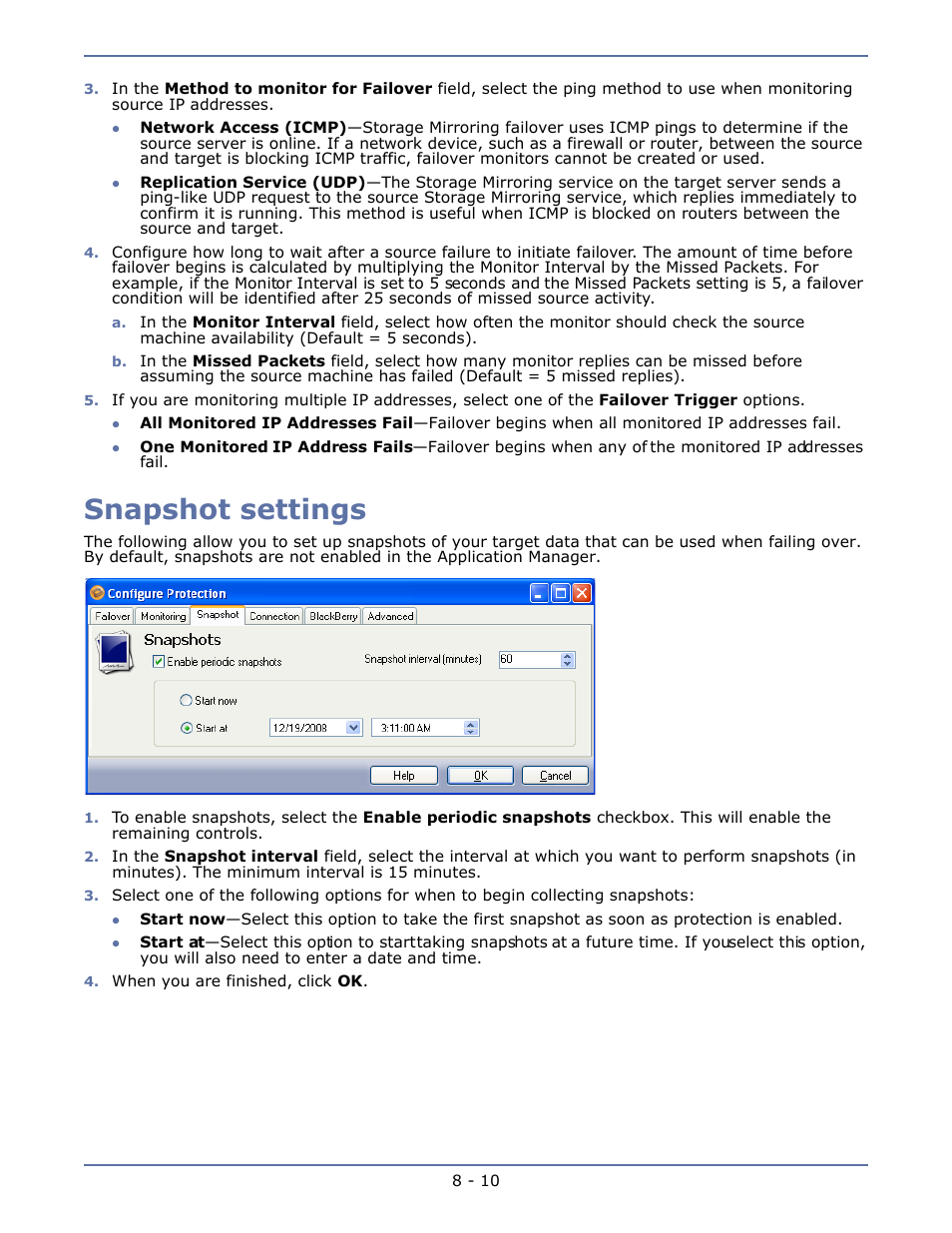 Snapshot settings, Snapshot settings -10 | HP Storage Mirroring V4.5 Software User Manual | Page 116 / 163