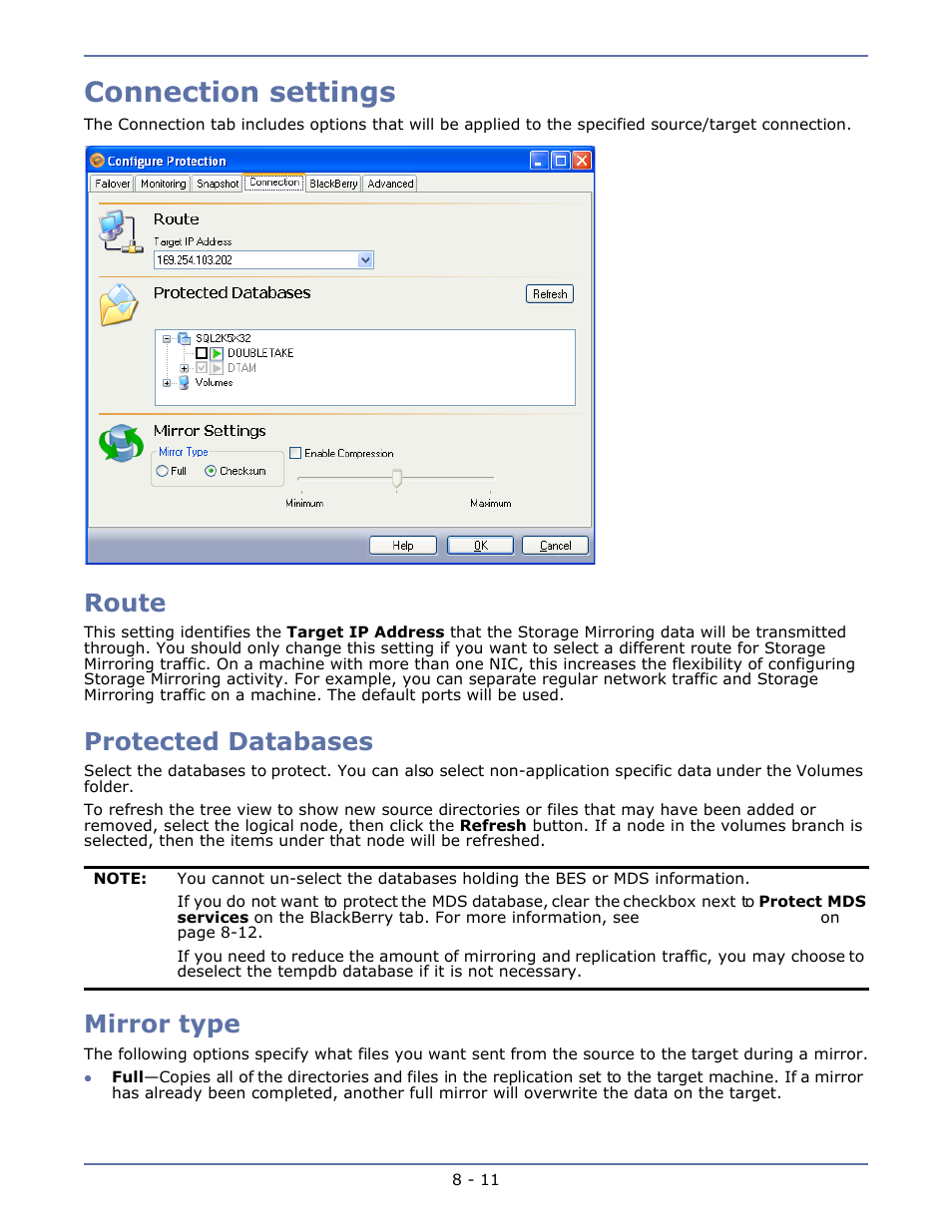 Connection settings, Route, Protected databases | Mirror type, Connection settings -11, Route -11, Protected databases -11, Mirror type -11 | HP Storage Mirroring V4.5 Software User Manual | Page 117 / 163