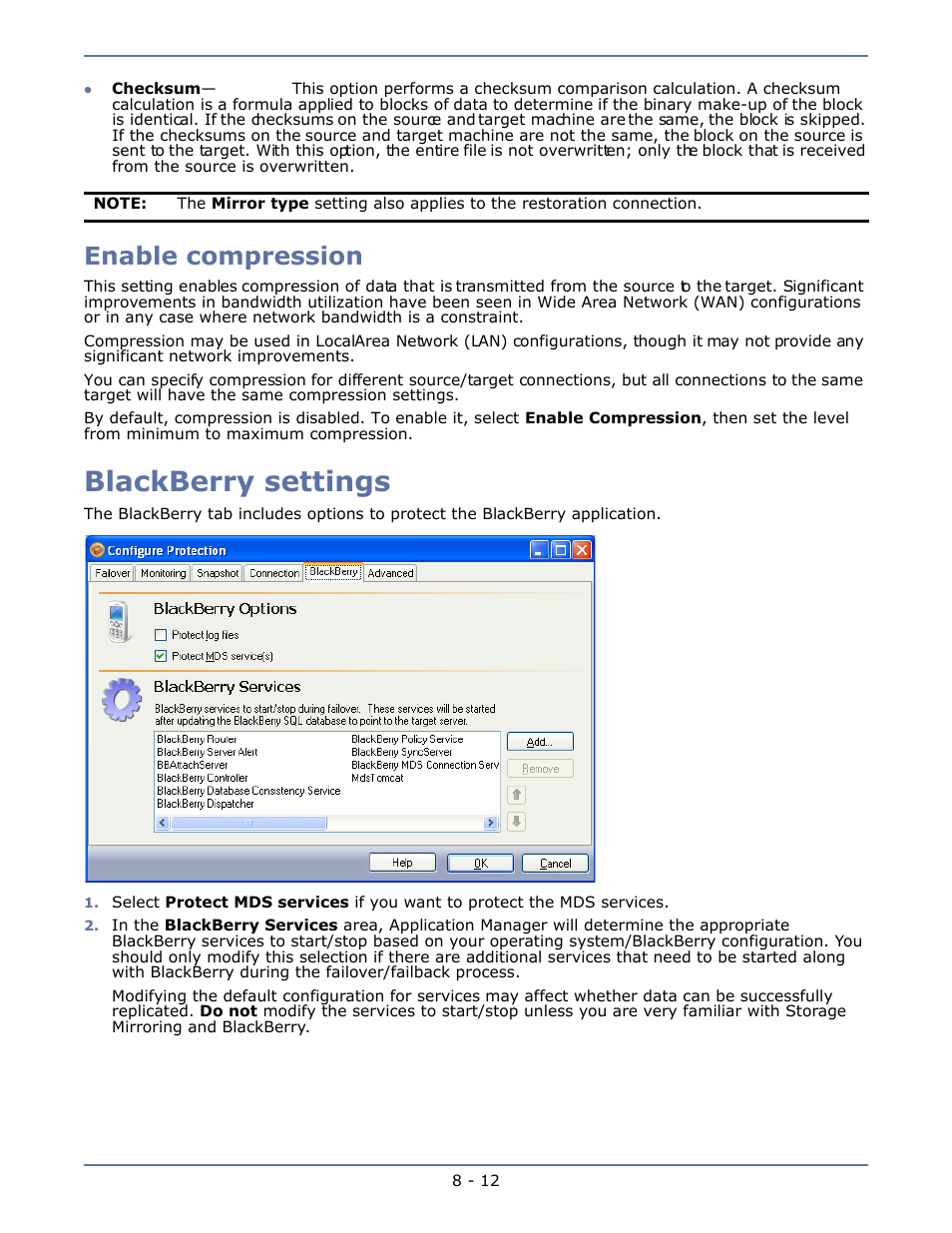 Enable compression, Blackberry settings, Enable compression -12 | Blackberry settings -12 | HP Storage Mirroring V4.5 Software User Manual | Page 118 / 163