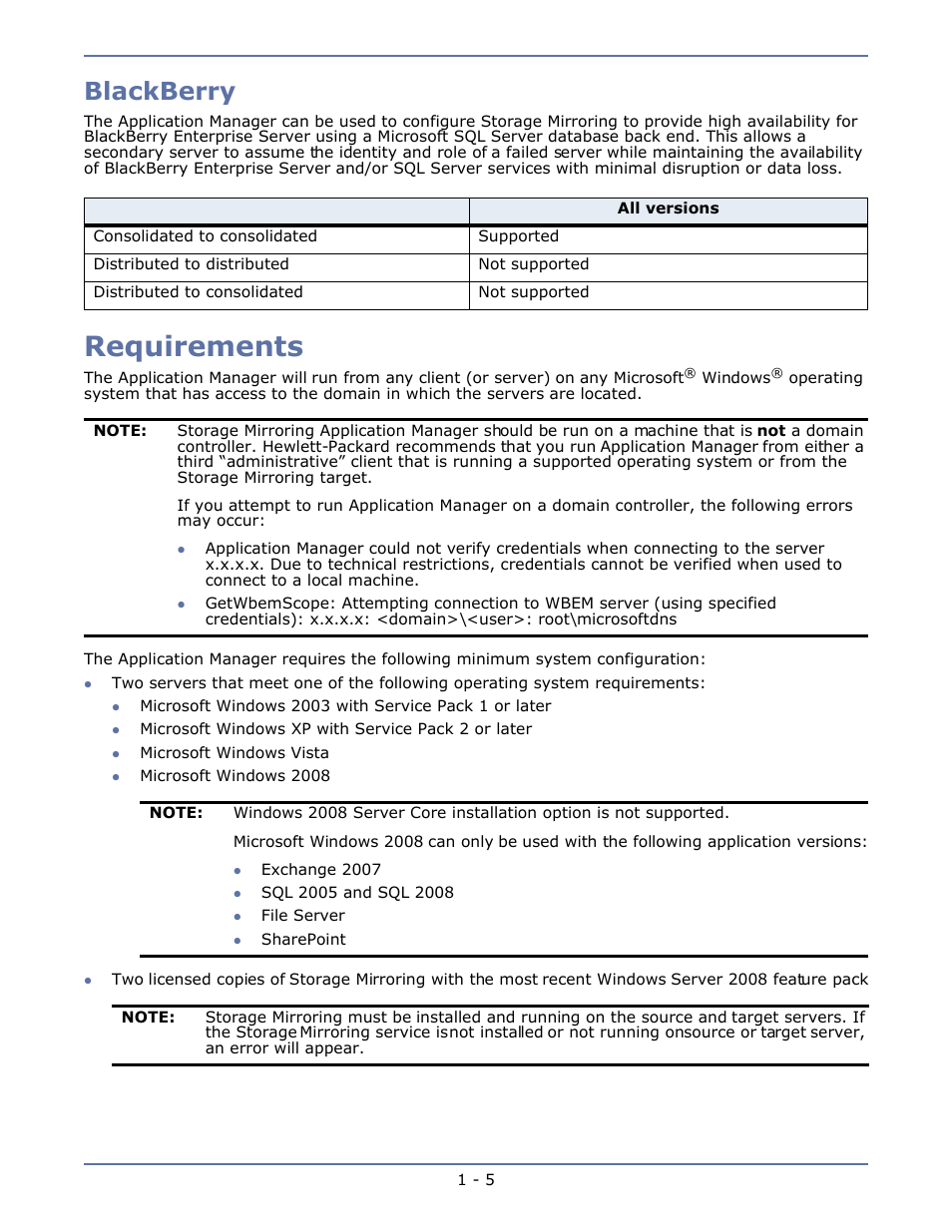 Blackberry, Requirements, Blackberry -5 | Requirements -5 | HP Storage Mirroring V4.5 Software User Manual | Page 12 / 163