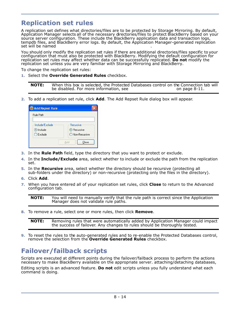 Replication set rules, Failover/failback scripts, Replication set rules -14 | Failover/failback scripts -14 | HP Storage Mirroring V4.5 Software User Manual | Page 120 / 163