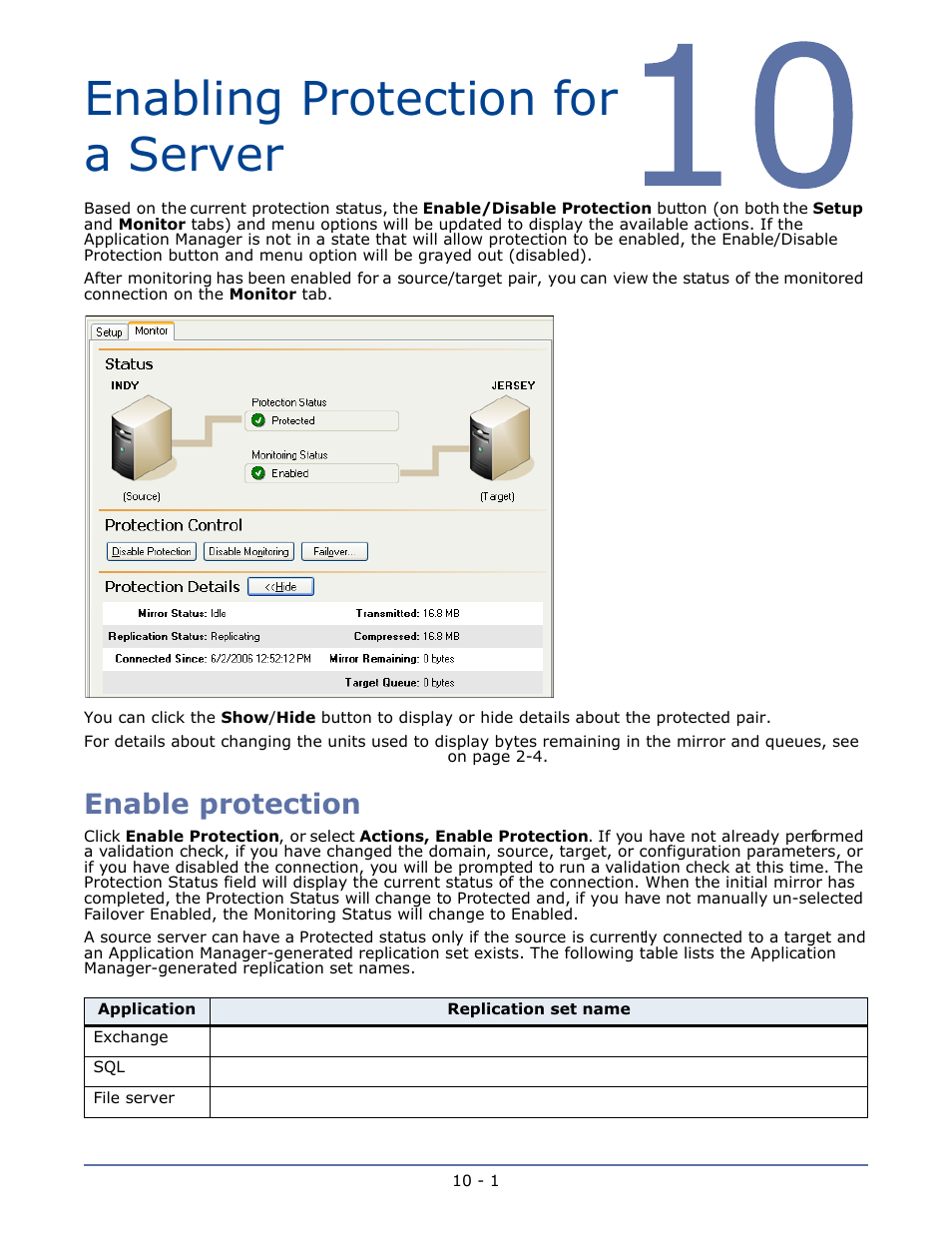 Enabling protection for a server, Enable protection, Chapter 10 enabling protection for a server -1 | Enable protection -1 | HP Storage Mirroring V4.5 Software User Manual | Page 125 / 163