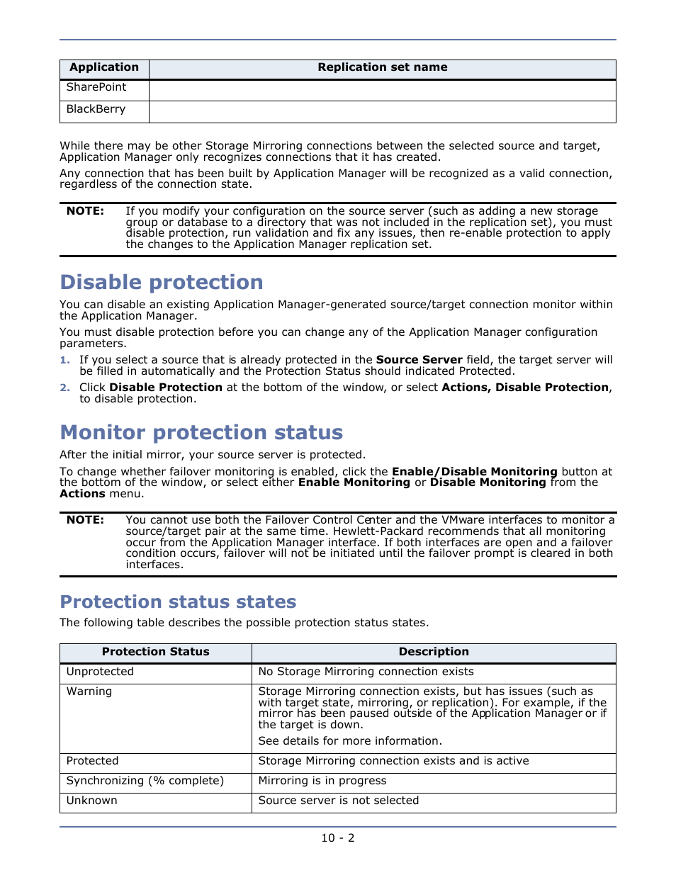 Disable protection, Monitor protection status, Protection status states | Disable protection -2 monitor protection status -2, Protection status states -2 | HP Storage Mirroring V4.5 Software User Manual | Page 126 / 163