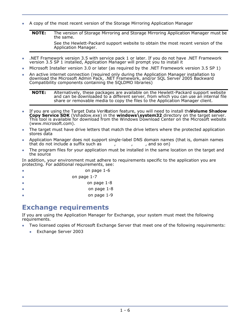 Exchange requirements, Exchange requirements -6 | HP Storage Mirroring V4.5 Software User Manual | Page 13 / 163