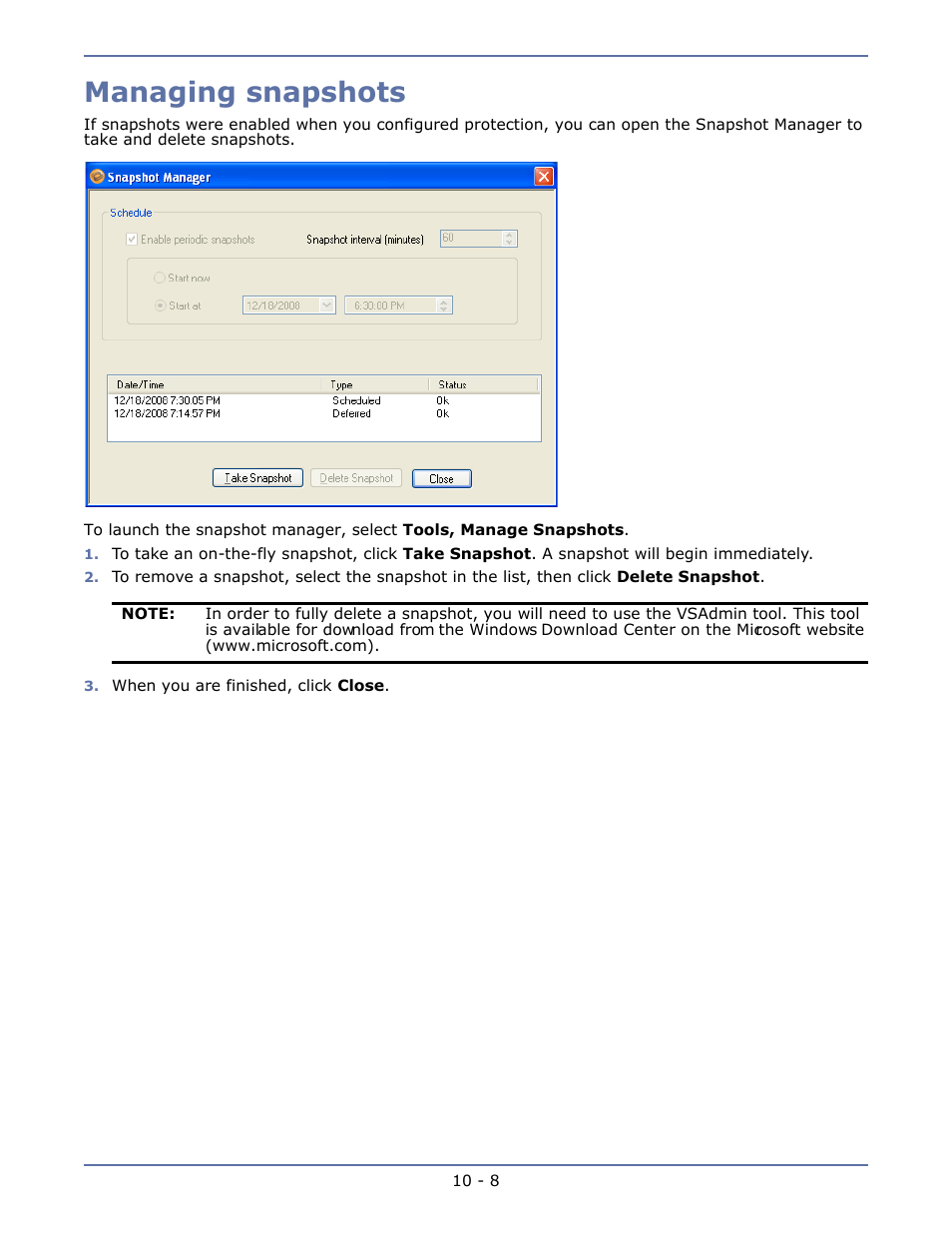 Managing snapshots, Managing snapshots -8 | HP Storage Mirroring V4.5 Software User Manual | Page 132 / 163