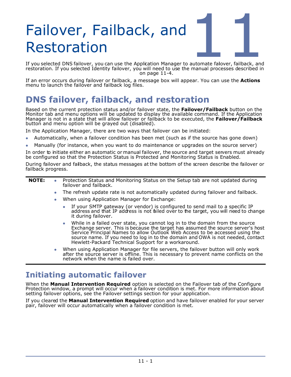 Failover, failback, and restoration, Dns failover, failback, and restoration, Initiating automatic failover | Chapter 11 failover, failback, and restoration -1, Dns failover, failback, and restoration -1, Initiating automatic failover -1 | HP Storage Mirroring V4.5 Software User Manual | Page 133 / 163