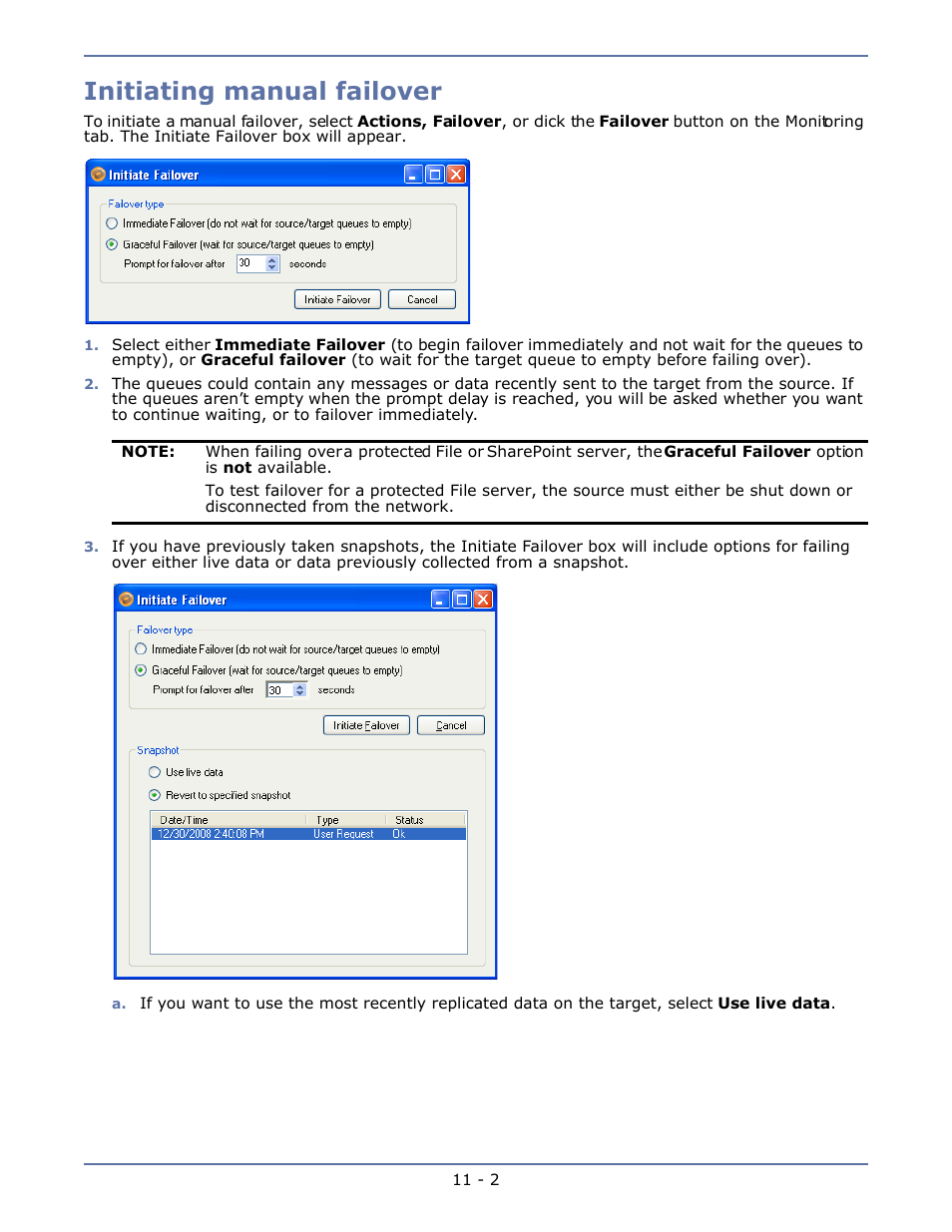Initiating manual failover, Initiating manual failover -2 | HP Storage Mirroring V4.5 Software User Manual | Page 134 / 163