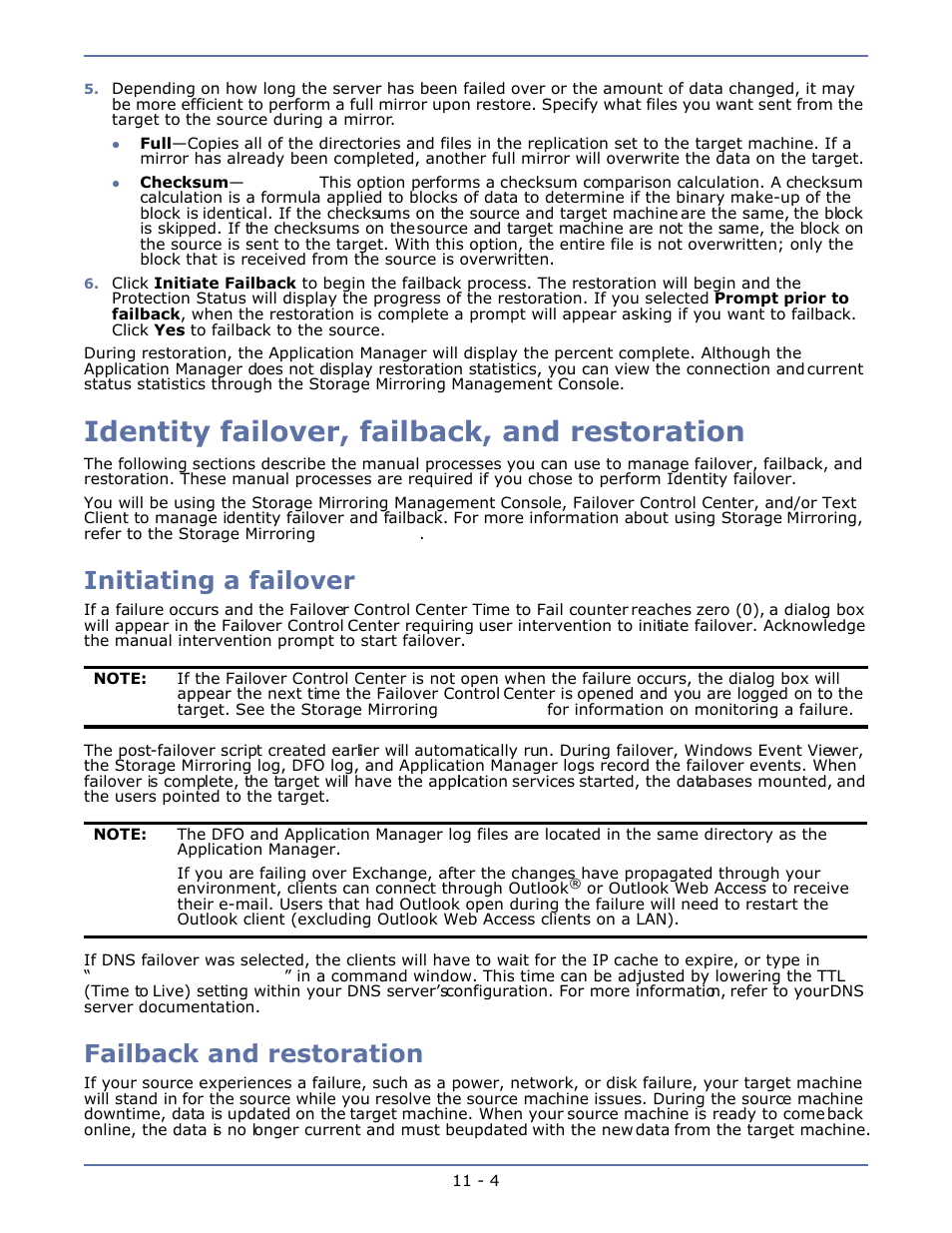 Identity failover, failback, and restoration, Initiating a failover, Failback and restoration | Identity failover, failback, and restoration -4, Initiating a failover -4, Failback and restoration -4 | HP Storage Mirroring V4.5 Software User Manual | Page 136 / 163