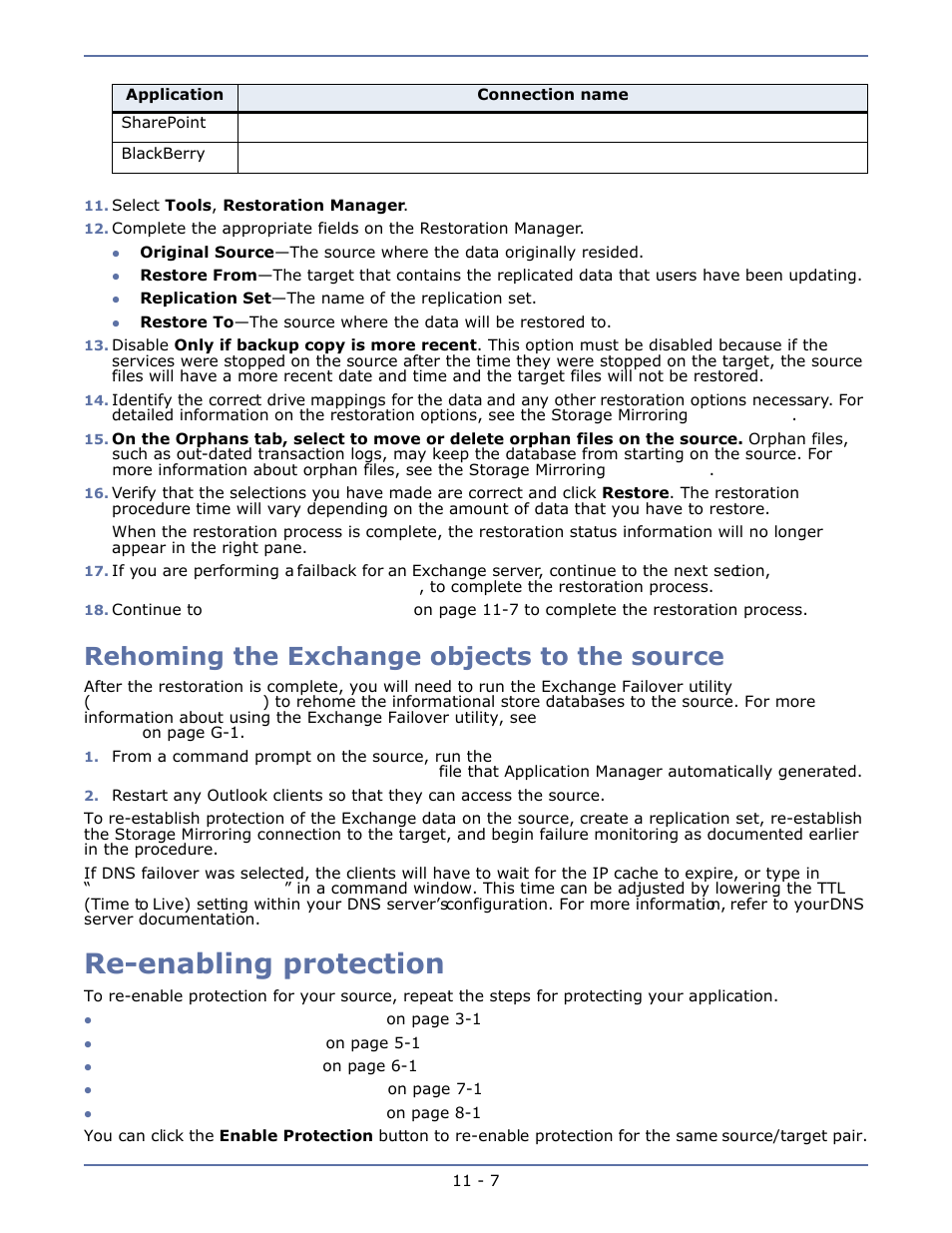 Rehoming the exchange objects to the source, Re-enabling protection, Rehoming the exchange objects to the source -7 | Re-enabling protection -7 | HP Storage Mirroring V4.5 Software User Manual | Page 139 / 163
