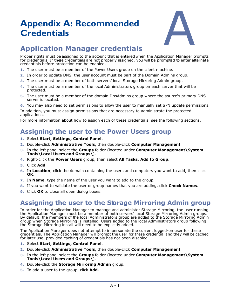Appendix a: recommended credentials, Application manager credentials, Assigning the user to the power users group | HP Storage Mirroring V4.5 Software User Manual | Page 140 / 163