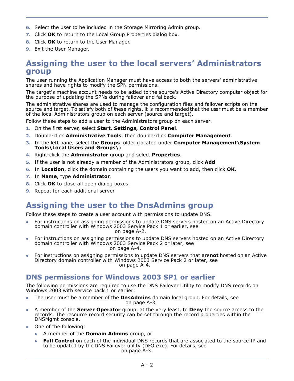 Assigning the user to the dnsadmins group, Dns permissions for windows 2003 sp1 or earlier | HP Storage Mirroring V4.5 Software User Manual | Page 141 / 163