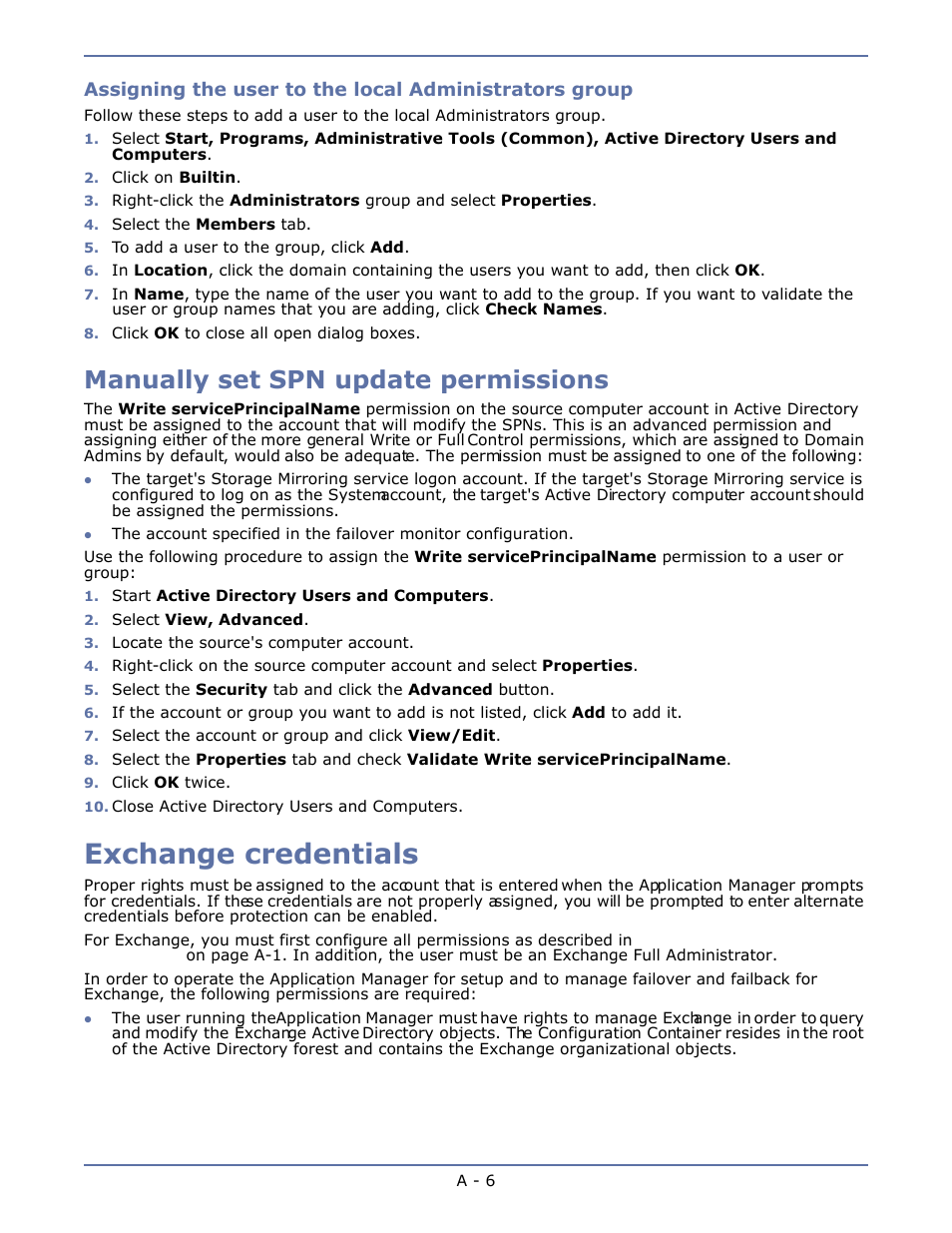 Manually set spn update permissions, Exchange credentials, Assigning the | User to the local administrators group | HP Storage Mirroring V4.5 Software User Manual | Page 145 / 163