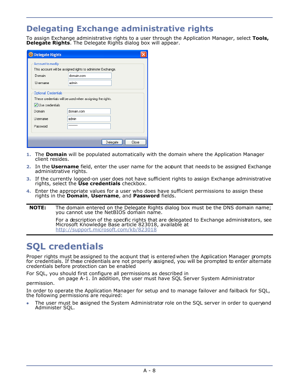 Delegating exchange administrative rights, Sql credentials, Delegating | Exchange administrative rights | HP Storage Mirroring V4.5 Software User Manual | Page 147 / 163