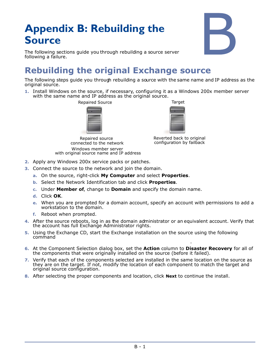 Appendix b: rebuilding the source, Rebuilding the original exchange source | HP Storage Mirroring V4.5 Software User Manual | Page 149 / 163