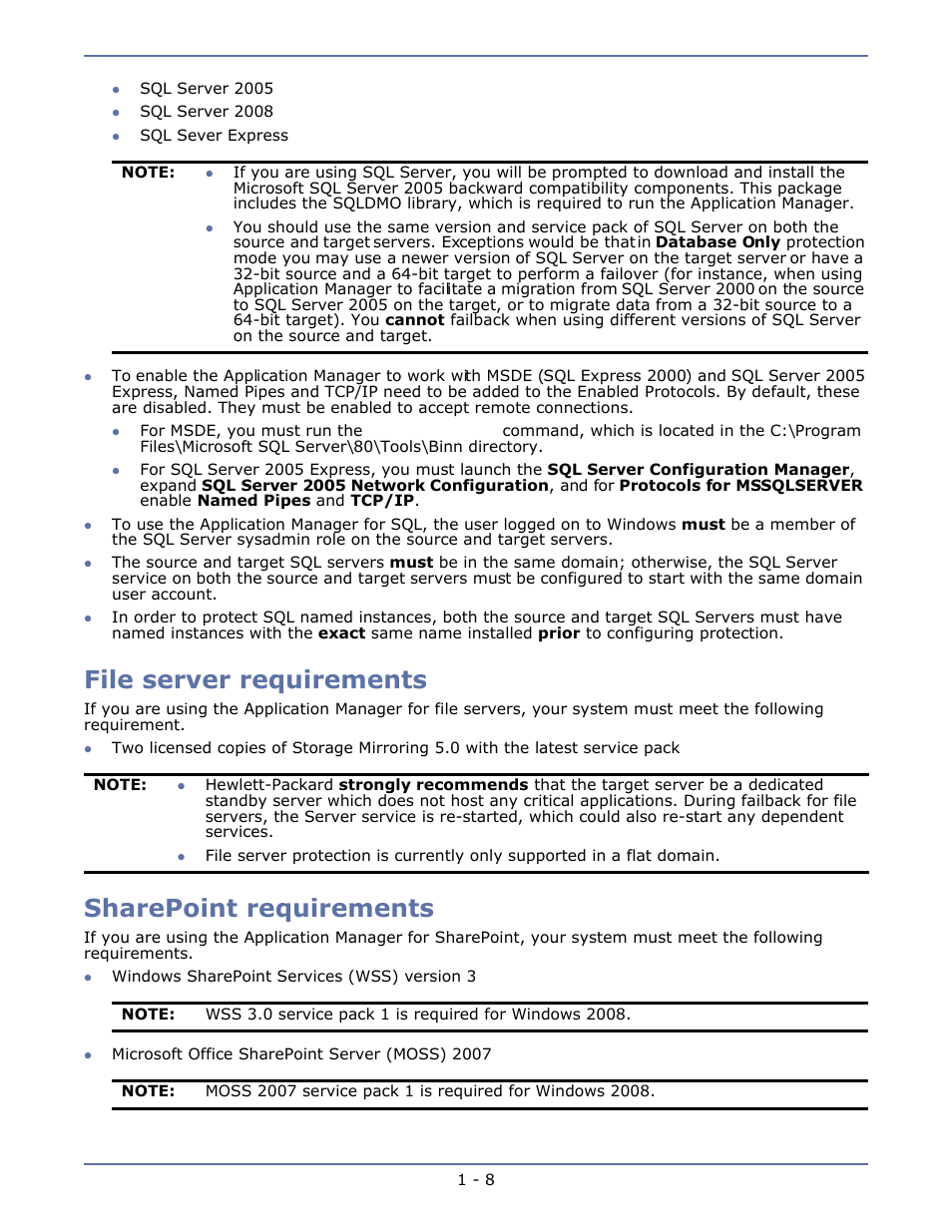 File server requirements, Sharepoint requirements, File server requirements -8 | Sharepoint requirements -8 | HP Storage Mirroring V4.5 Software User Manual | Page 15 / 163