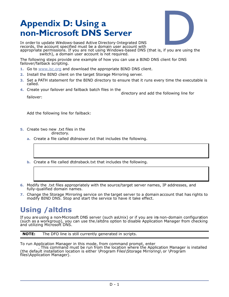 Appendix d: using a non-microsoft dns server, Using /altdns, Ation, see | Using a non-microsoft dns server | HP Storage Mirroring V4.5 Software User Manual | Page 153 / 163