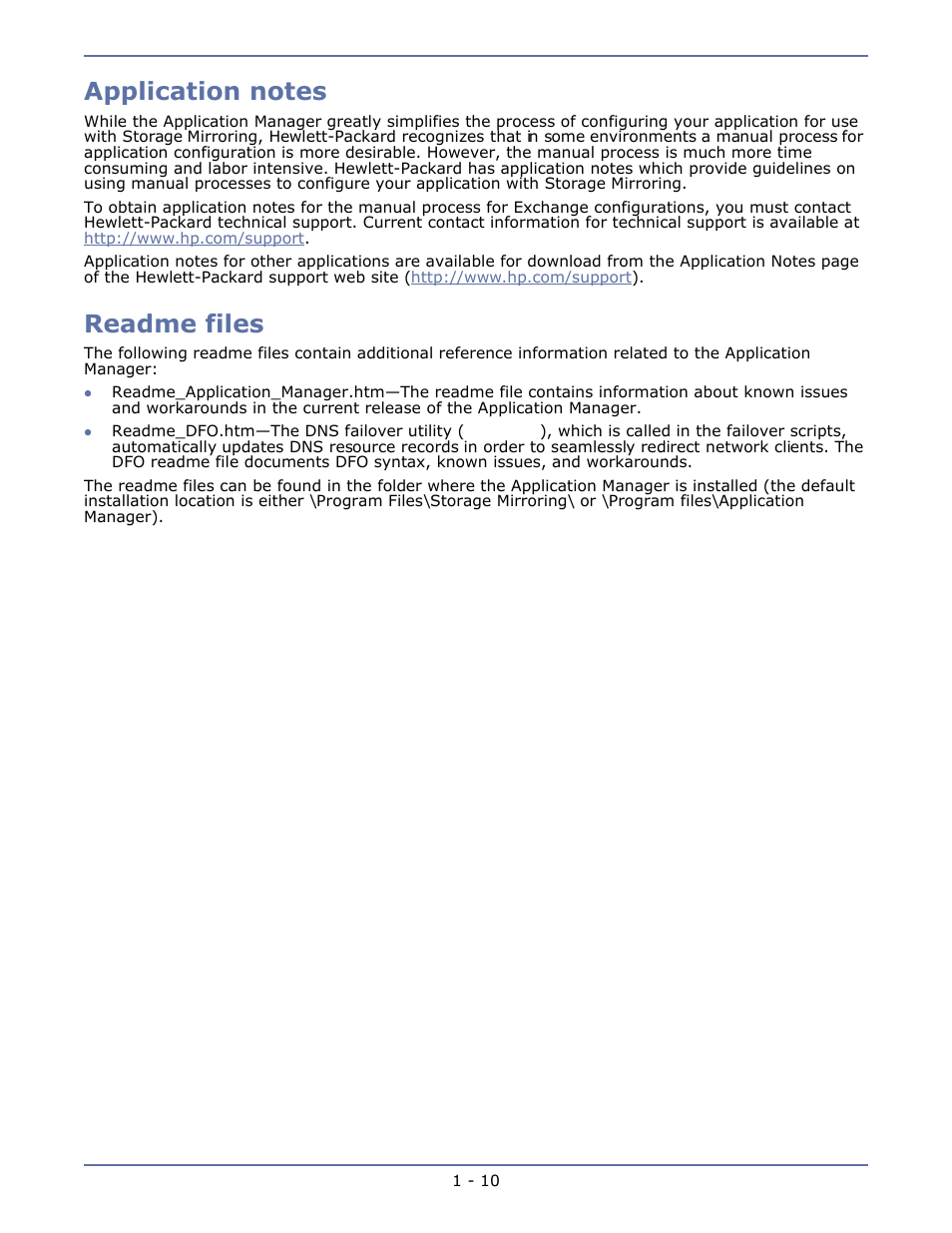 Application notes, Readme files, Application notes -10 | Readme files -10 | HP Storage Mirroring V4.5 Software User Manual | Page 17 / 163