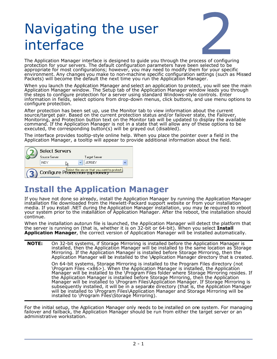 Navigating the user interface, Install the application manager, Chapter 2 navigating the user interface -1 | Install the application manager -1 | HP Storage Mirroring V4.5 Software User Manual | Page 18 / 163