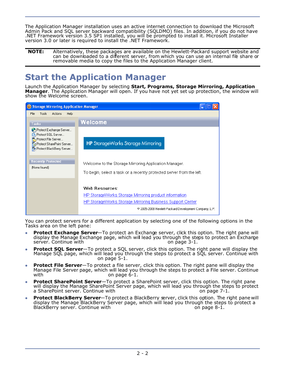 Start the application manager, Start the application manager -2 | HP Storage Mirroring V4.5 Software User Manual | Page 19 / 163