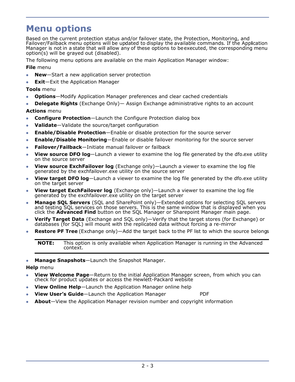 Menu options, Menu options -3 | HP Storage Mirroring V4.5 Software User Manual | Page 20 / 163