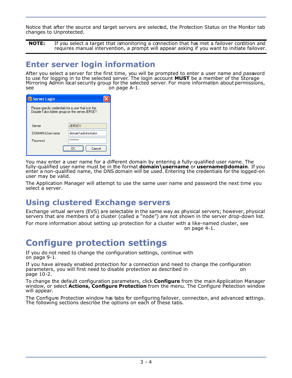 Enter server login information, Using clustered exchange servers, Configure protection settings | Enter server login information -4, Using clustered exchange servers -4, Configure protection settings -4 | HP Storage Mirroring V4.5 Software User Manual | Page 26 / 163