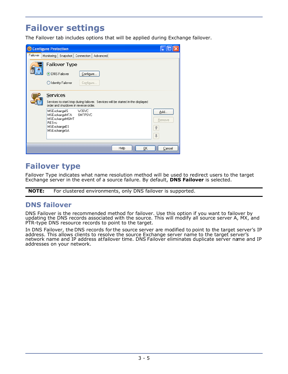 Failover settings, Failover type, Dns failover | Failover settings -5, Failover type -5 | HP Storage Mirroring V4.5 Software User Manual | Page 27 / 163